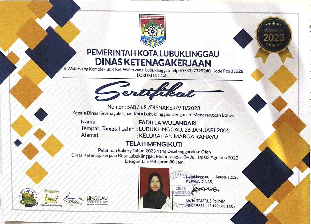 Bakery training certificate for Fadilla Wulandari