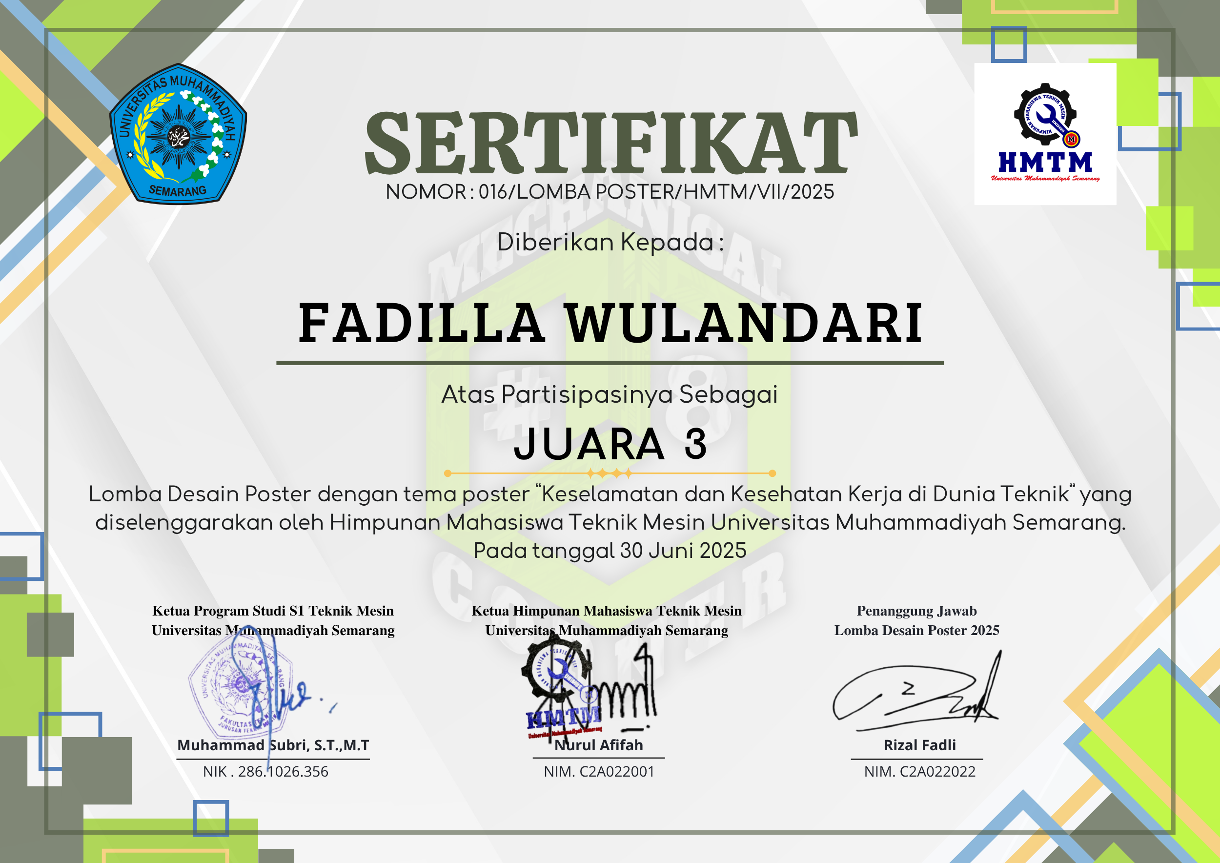Poster competition certificate for Fadilla Wulandari